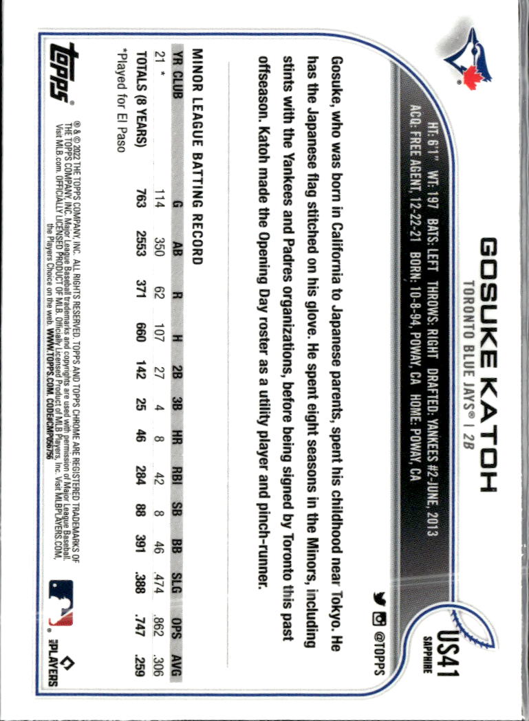 Gosuke Katoh 2022 Topps Chrome Sapphire  RC Toronto Blue Jays