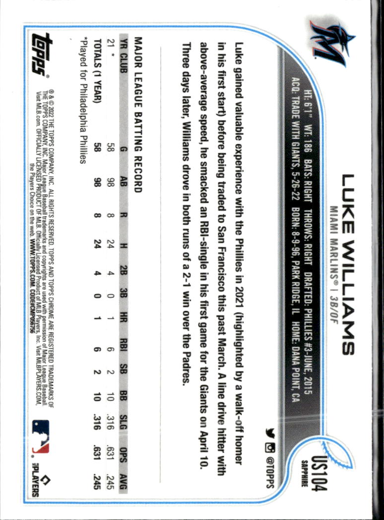 Luke Williams 2022 Topps Chrome Sapphire Edition Update Series RC Miami Marlins