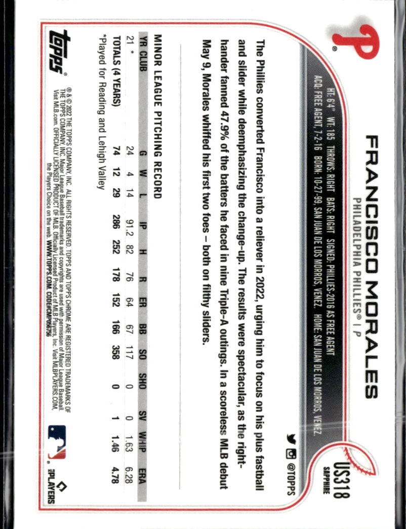 Francisco Morales 2022 Topps Chrome Sapphire RC Philadelphia Phillies