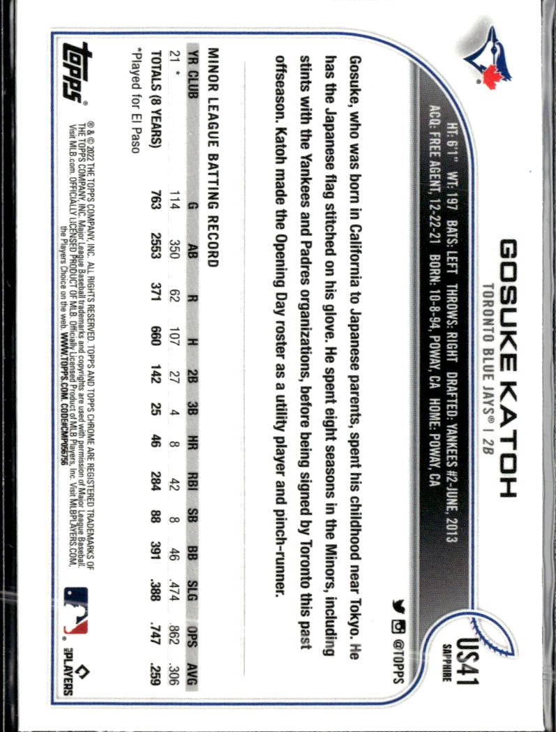 Gosuke Katoh 2022 Topps Chrome Sapphire Update Series RC Toronto Blue Jays