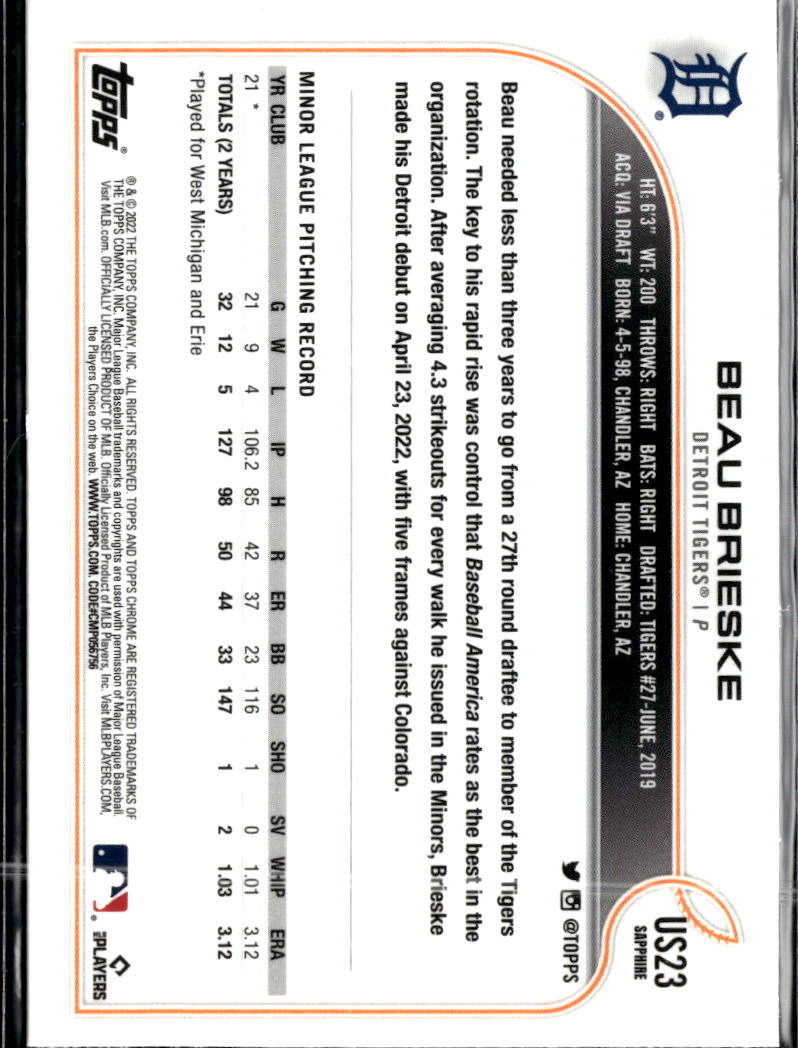 Beau Brieske 2022 Topps Chrome Update Sapphire Edition RC Detroit Tigers