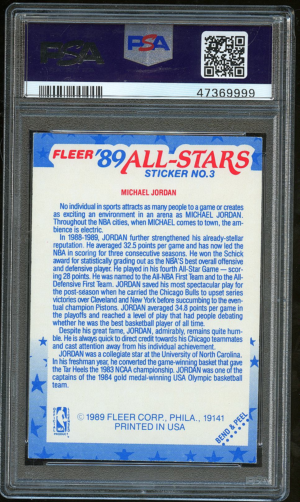 Michael Jordan 1989 Fleer All-Stars Stickers Chicago Bulls #3 PSA 7