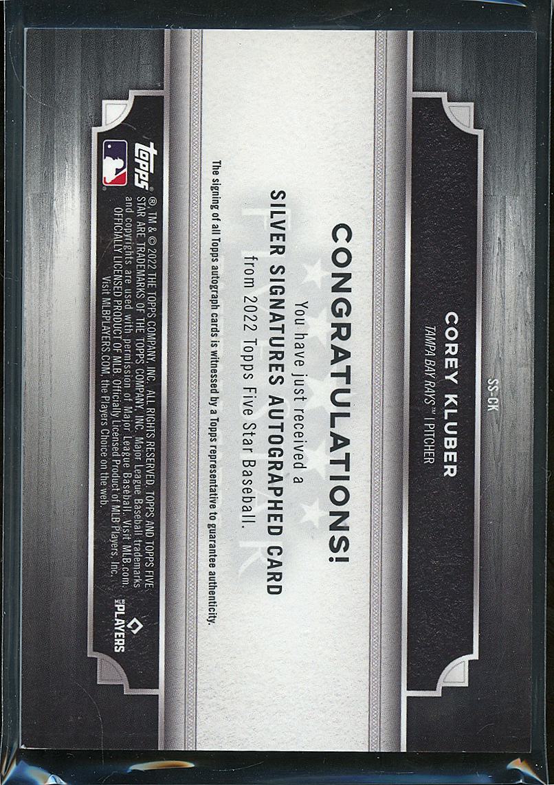 Corey Kluber 2022 Topps Five Star Auto Autograph 10/40 Tampa Bay Rays