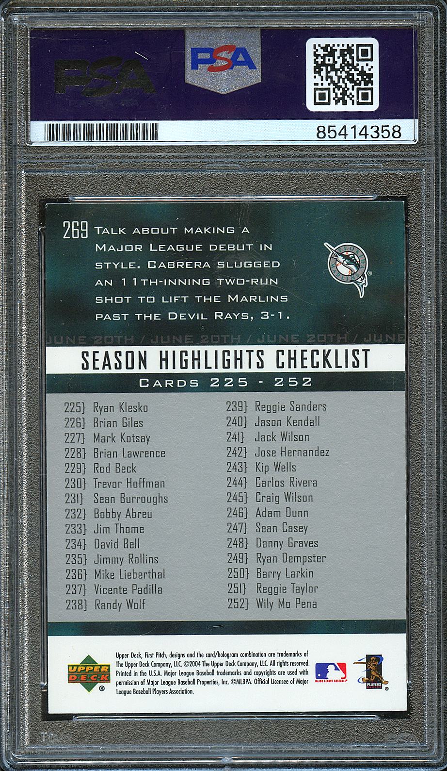 Miguel Cabrera 2004 Upper Deck Auto Autograph Florida Marlins PSA DNA