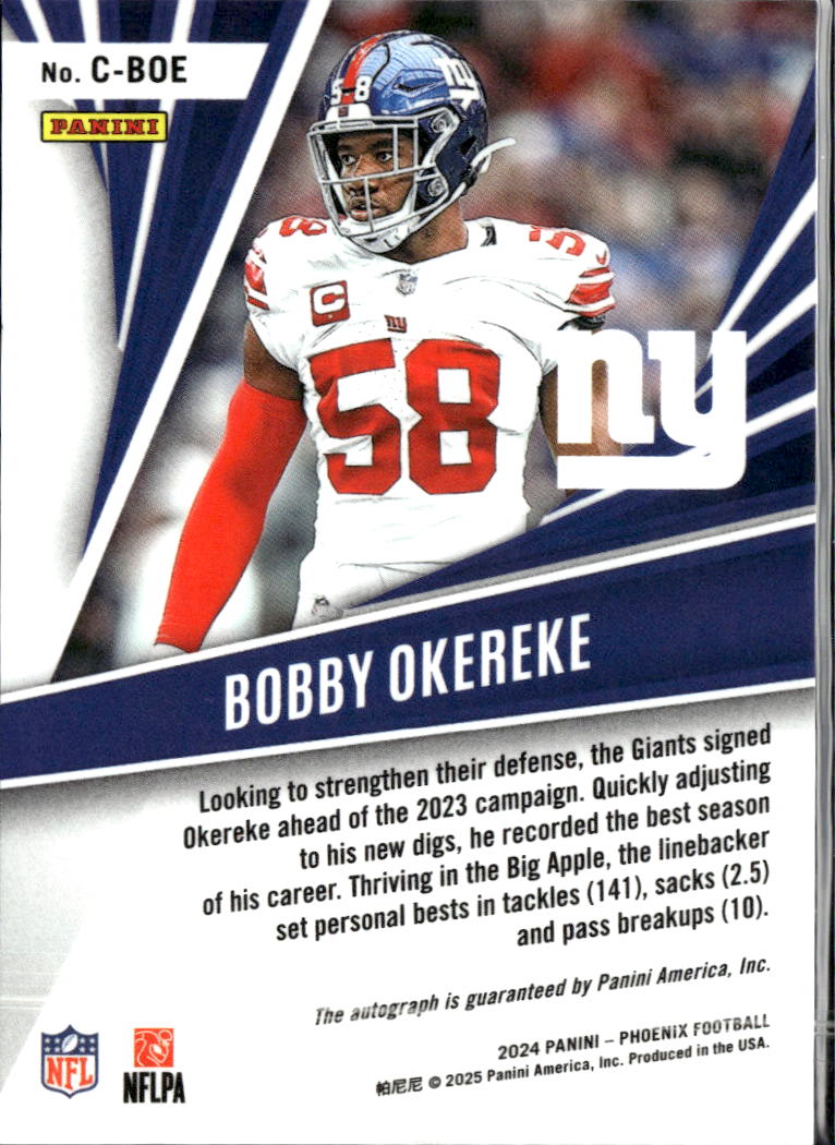 Bobby Okereke 2025 Phoenix Calligraphy Auto Autograph New York Giants