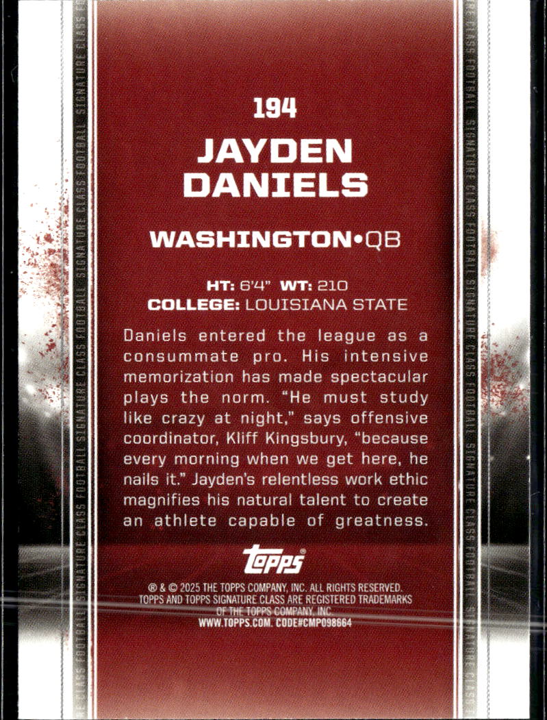 Jayden Daniels 2025 Topps Signature Class Rookie RC Washington Commanders
