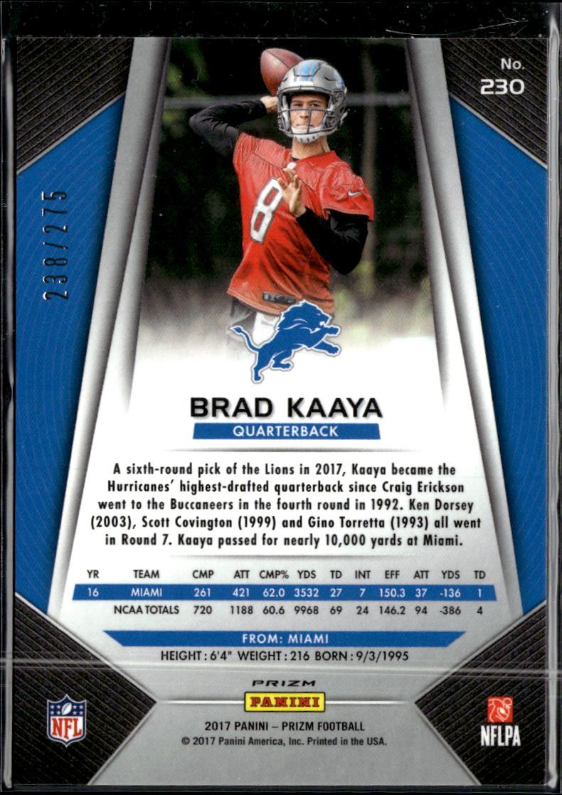 Brad Kaaya 2017 Panini Prizm Football RC Orange /275 Detroit Lions