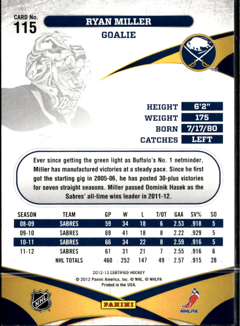 Ryan Miller 2012 Panini Certified Masked Marvels /999 Buffalo Sabres