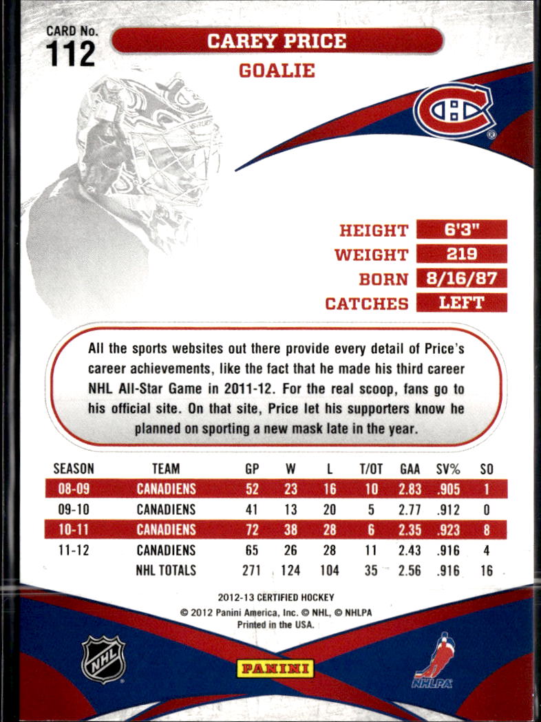 Carey Price 2012 Panini Certified Masked Marvels /999 Montreal Canadiens