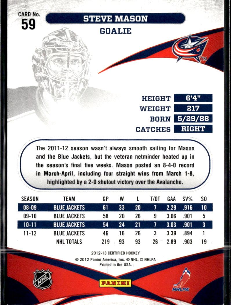Steve Mason 2012 Panini Certified Red /199 Columbus Blue Jackets