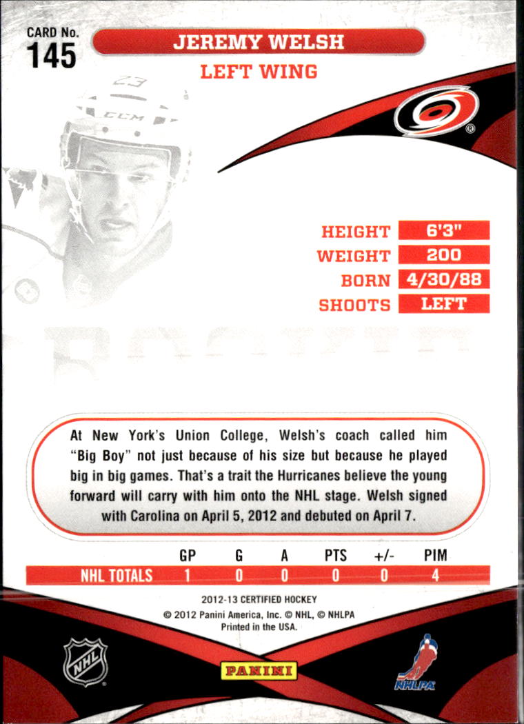 Jeremy Welsh 2012 Panini Certified Rookie RC /999 Carolina Hurricanes