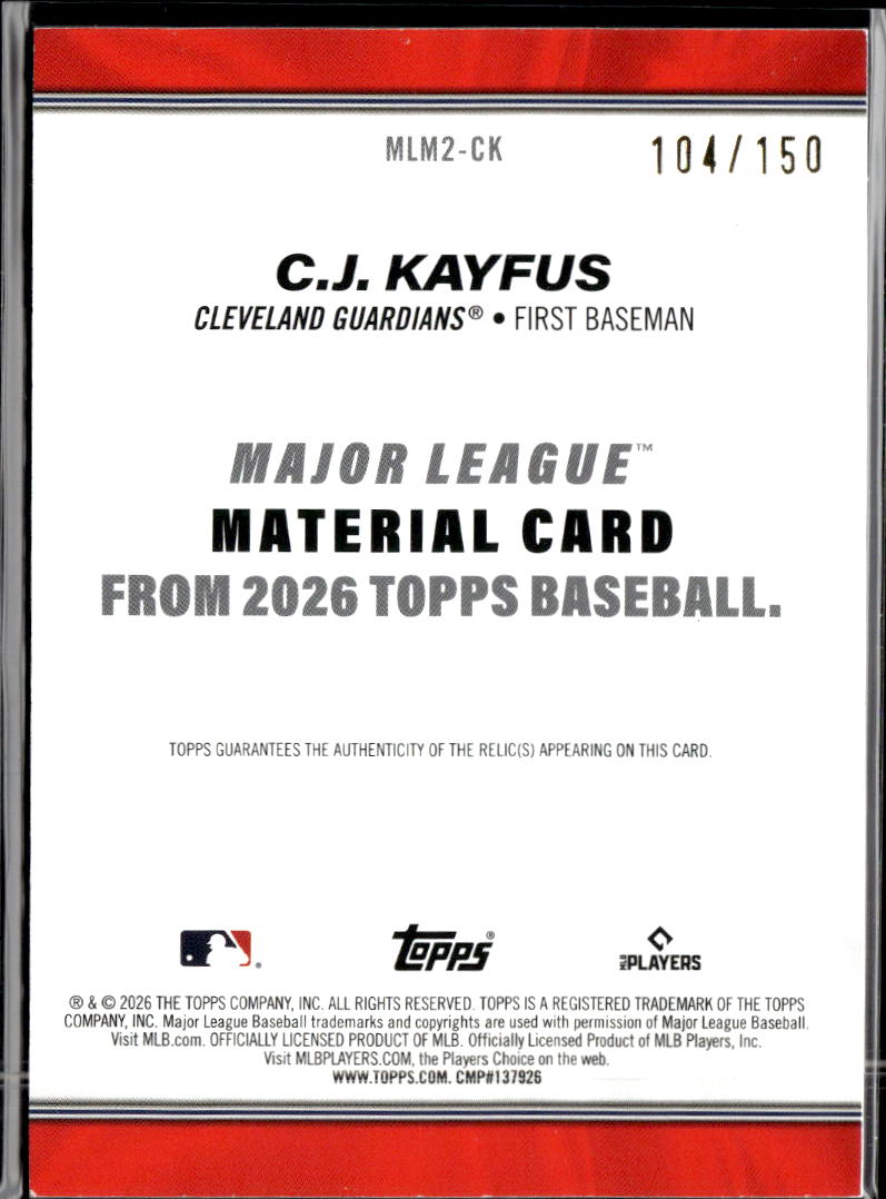 C.J. Kayfus 2026 Topps Jersey Patch RC Rookie /150 Cleveland Guardians