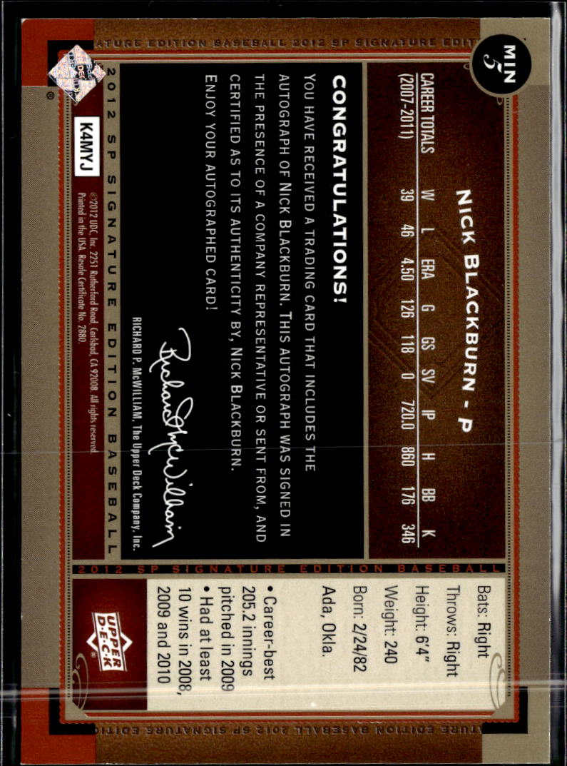 Nick Blackburn 2012 Upper Deck SP Signature Auto Autograph Minnesota Twins