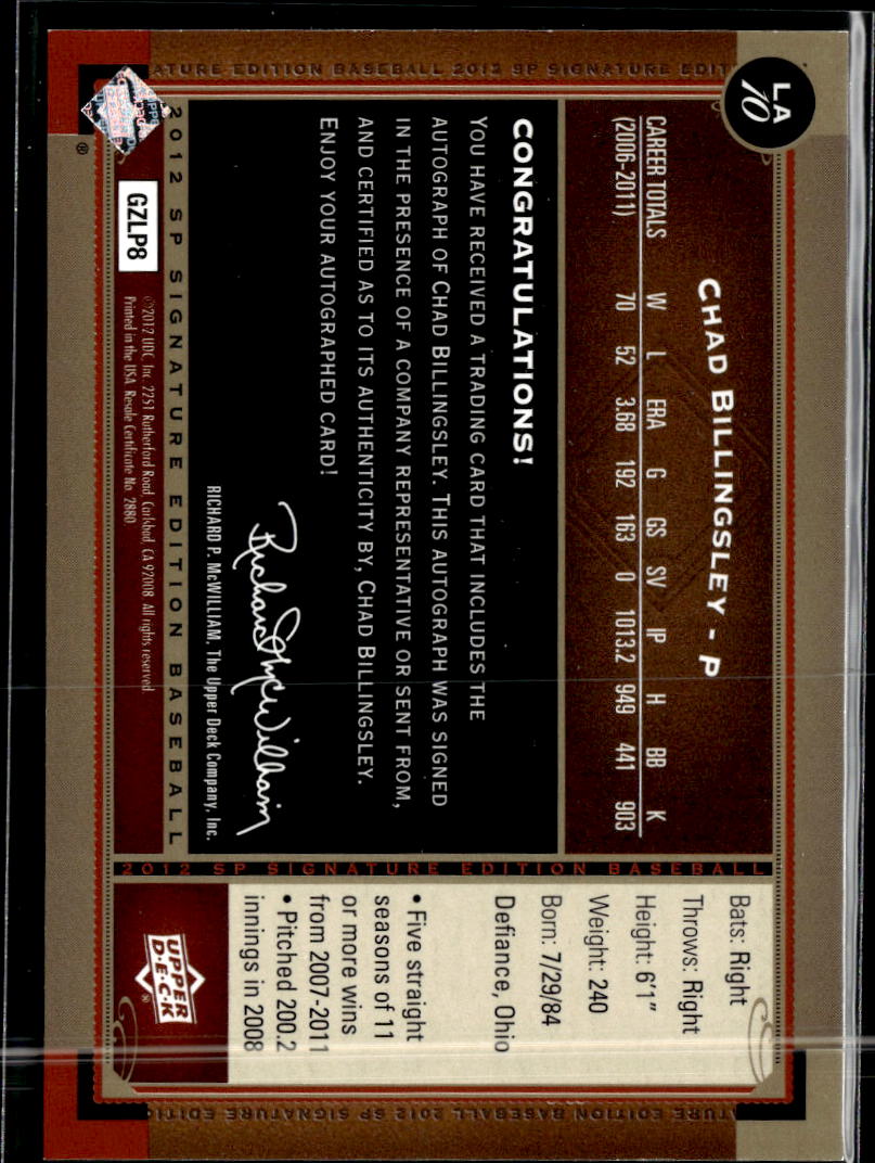 Chad Billingsley 2007 Upper Deck SP Signature Auto Autograph Los Angeles Dodgers