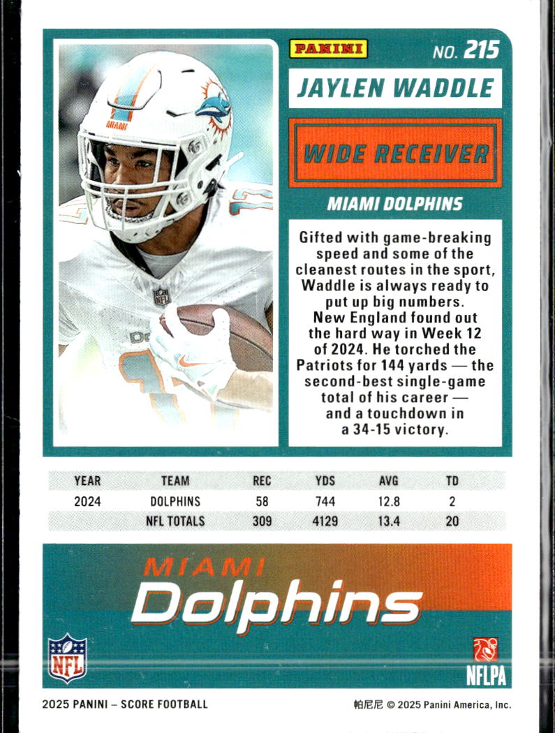 Jaylen Waddle 2025 Score Blue 30/185 Miami Dolphins