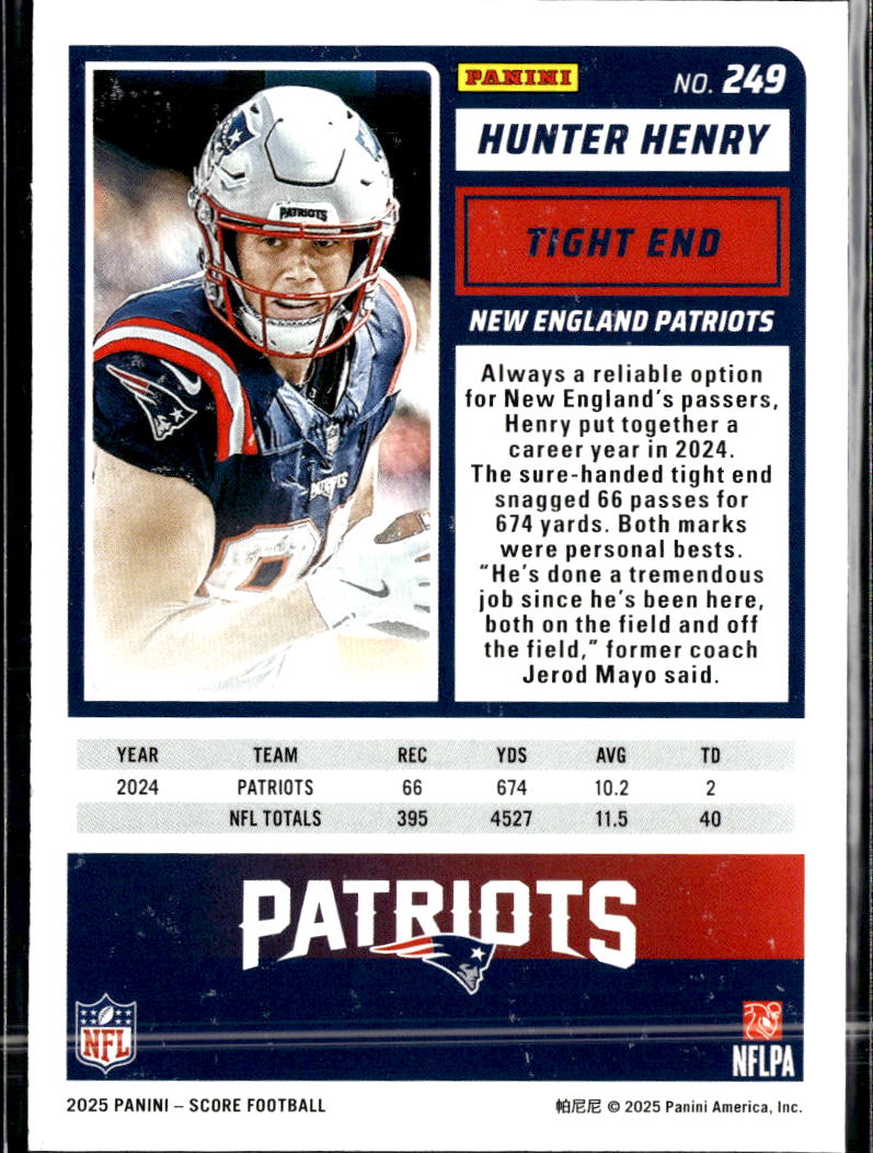 Hunter Henry 2025 Panini Score Blue /185 New England Patriots