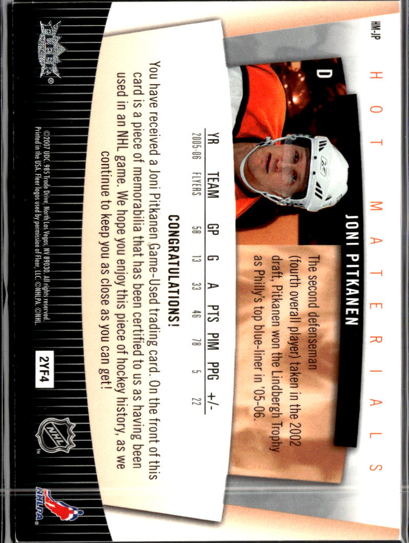 Joni Pitkanen 2005 Fleer Hot Prospects Game Worn Patch Philadelphia Flyers