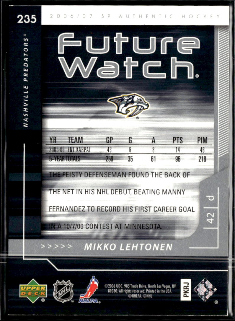 Mikko Lehtonen 2006 SP Authentic Future Watch /999 Nashville Predators