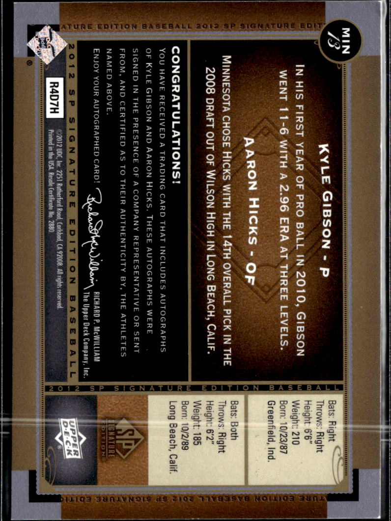 Aaron Hicks Kyle Gibson 2012 Upper Deck SP Auto Autograph Twins