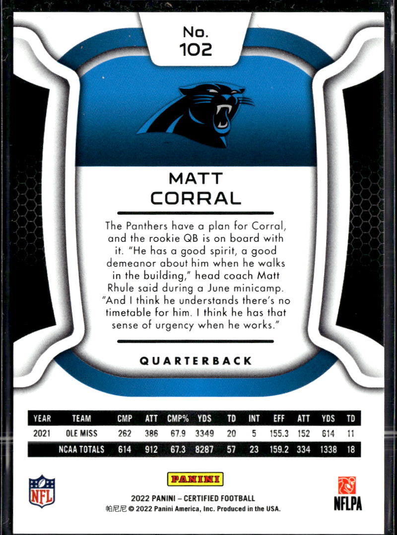 Matt Corral 2022 Certified Rookie RC /399 Carolina Panthers