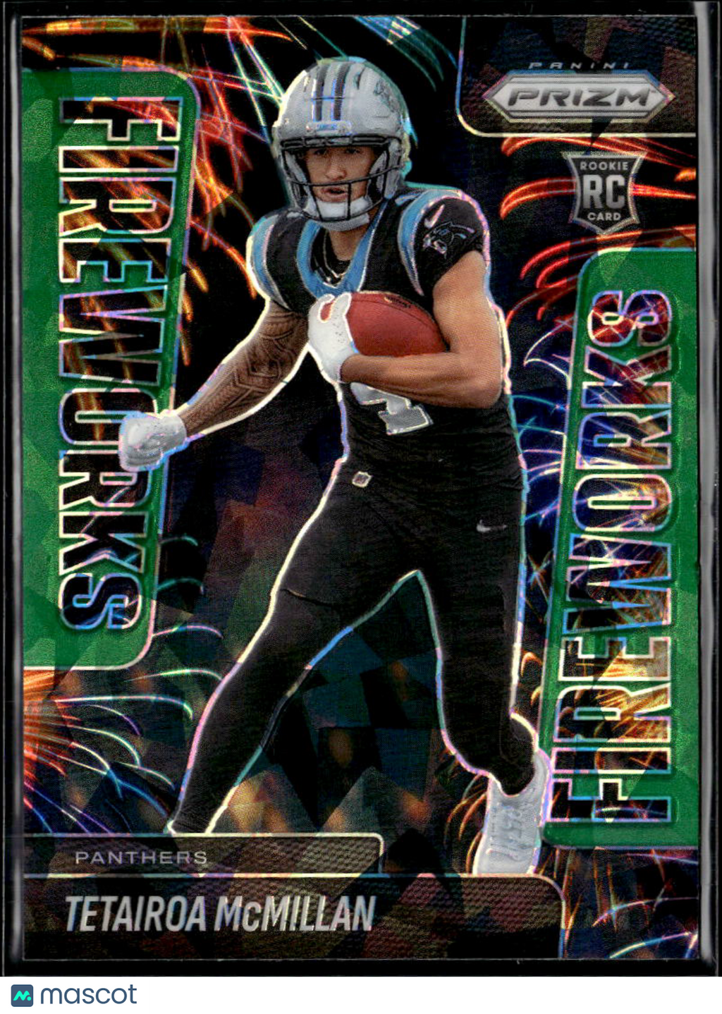 Tetairoa McMillan 2025 Prizm Fireworks Green Ice RC Carolina Panthers