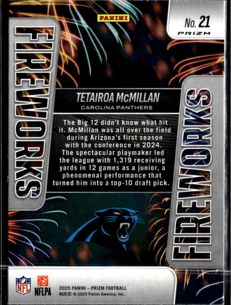 Tetairoa McMillan 2025 Prizm Fireworks Green Ice RC Carolina Panthers