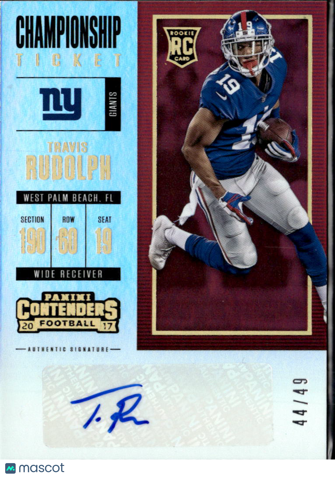 Travis Rudolph 2017 Contenders Championship Auto Autograph /49 New York Giants