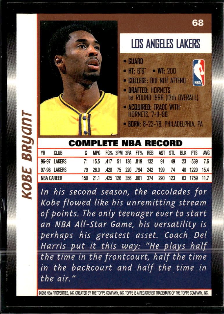 Kobe Bryant 1998 Topps Card #68 Los Angeles Lakers