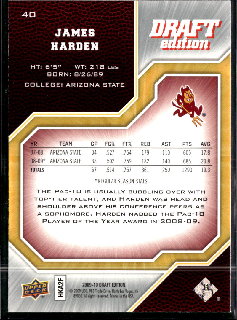 James Harden 2009 Upper Deck Draft Edition Rookie RC Arizona State Sun Devils