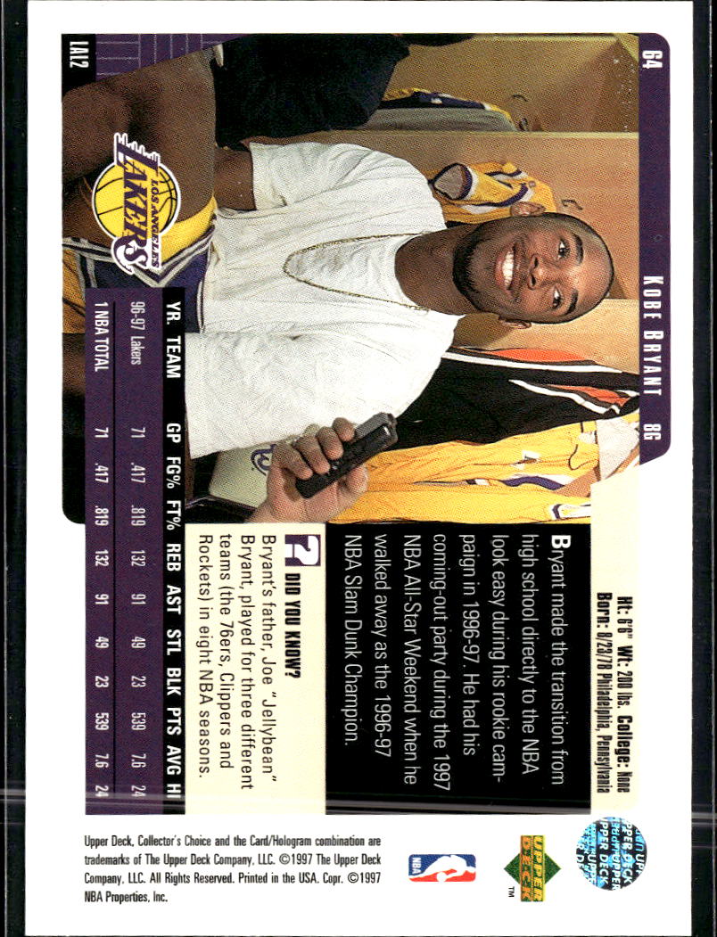 Kobe Bryant 1997-98 Upper Deck Collector's Choice #64 Los Angeles Lakers