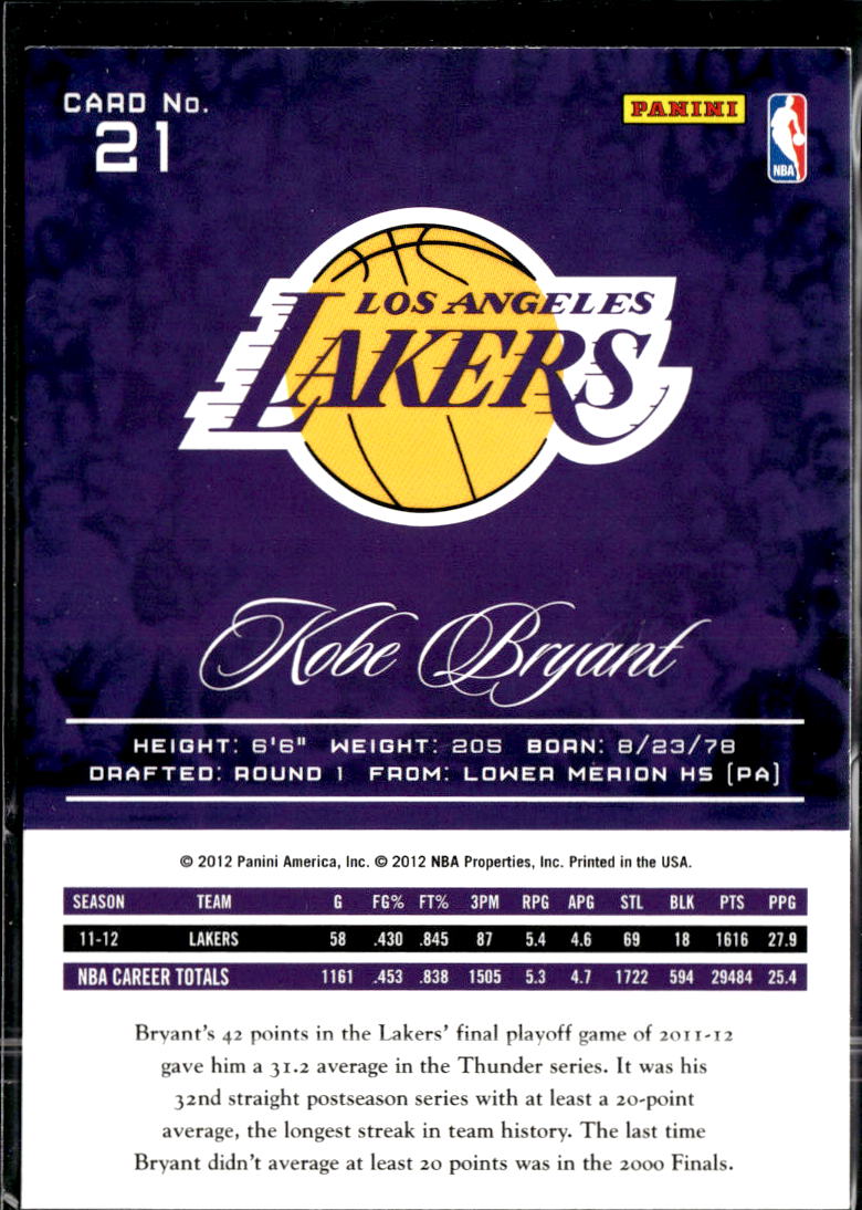 Kobe Bryant 2012-13 Panini Prestige #21 Los Angeles Lakers