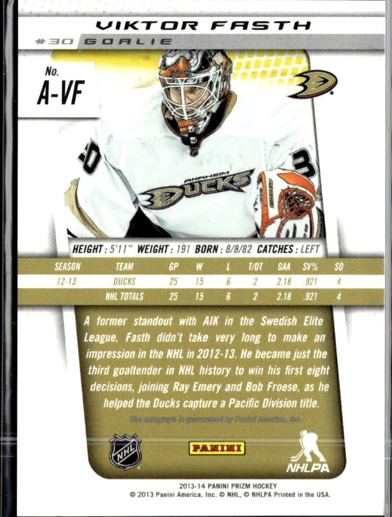 Viktor Fasth 2013 Panini Prizm Auto Autograph RC Anaheim Ducks