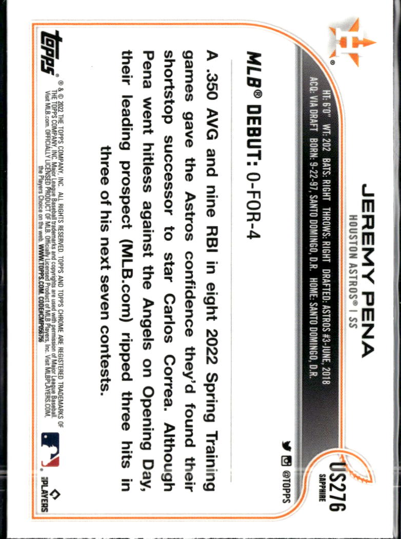 Jeremy Pena 2022 Topps Chrome Sapphire Rookie RC Houston Astros