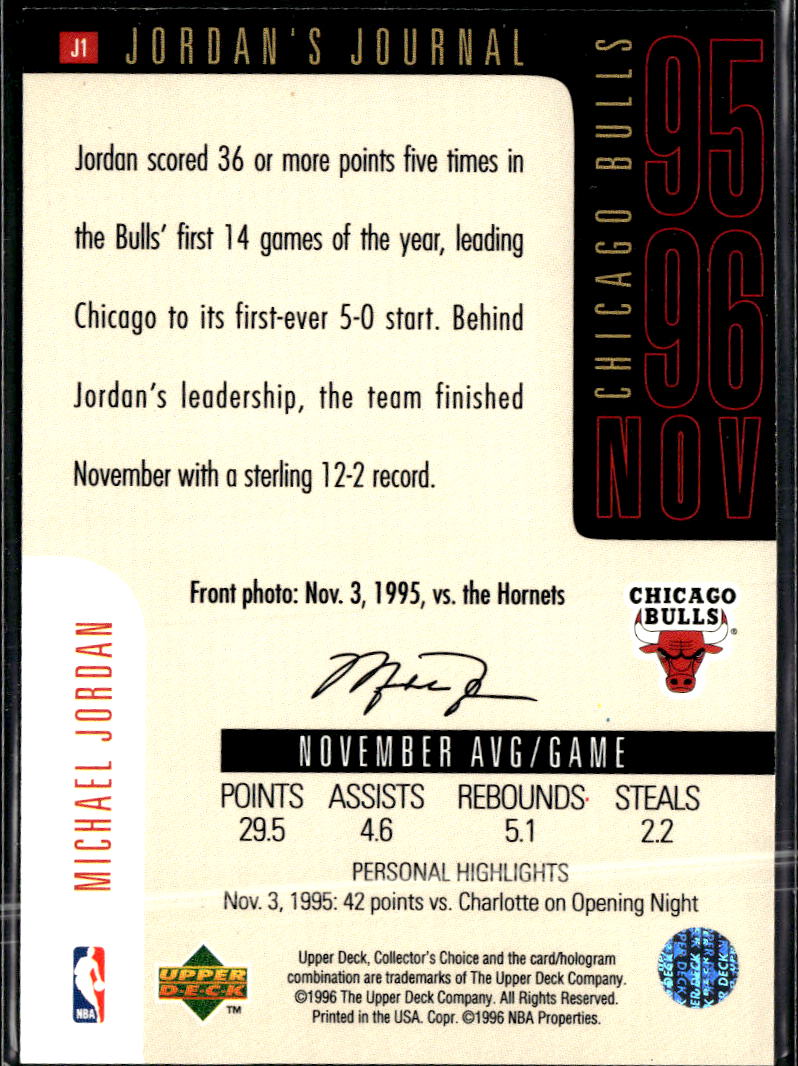 Michael Jordan 1996 Upper Deck Jordan's Journal  #J1 Chicago Bulls