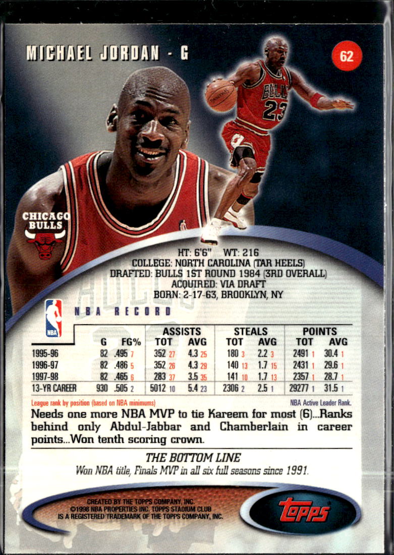 Michael Jordan 1998 Topps Stadium Club #62 Chicago Bulls
