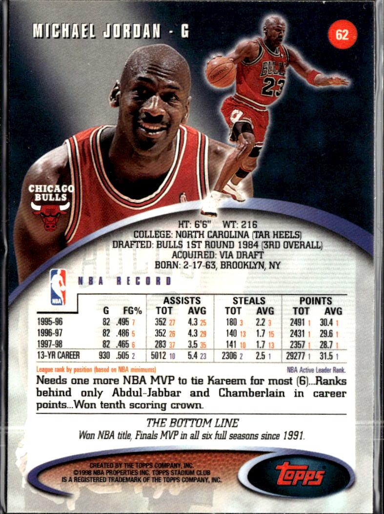 Michael Jordan 1998 Topps Stadium Club #62 Chicago Bulls