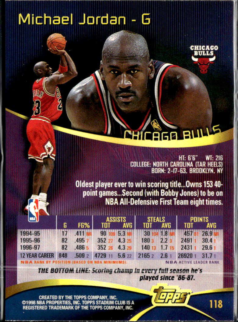 Michael Jordan 1998 Topps Stadium Club #118 Chicago Bulls