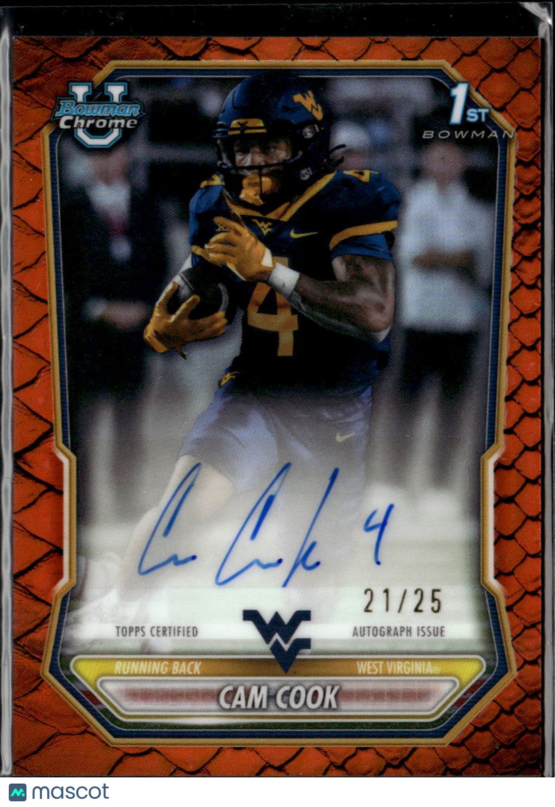 Cam Cook 2026 Bowman Chrome 1st Auto Autograph Orange RC 21/25 West Virginia