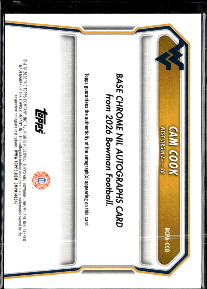 Cam Cook 2026 Bowman Chrome 1st Auto Autograph Orange RC 21/25 West Virginia