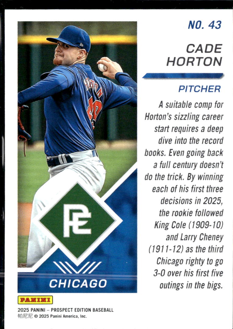 Cade Horton 2025 Prospect Edition Blue Rookie RC /199 Chicago Cubs