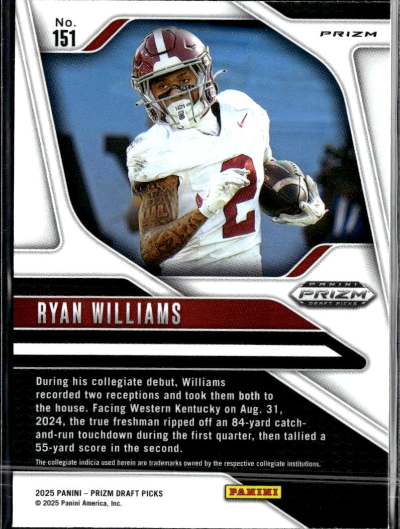 Ryan Williams 2025 Prizm Draft Picks Silver Prizm Rookie RC Alabama Crimson Tide
