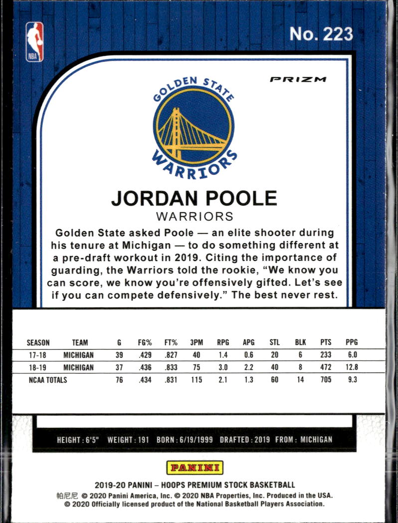Jordan Poole 2019-20 NBA Hoops Premium Stock RC Green Golden State Warriors