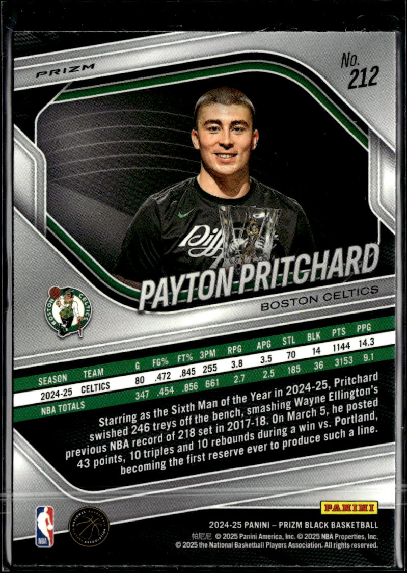 Payton Pritchard 2025 Panini Prizm Black Silver Prizm Boston Celtics