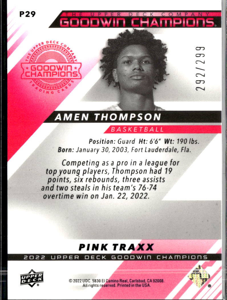 Amen Thompson 2022 Upper Deck Goodwin Champions Pink Rockets /299