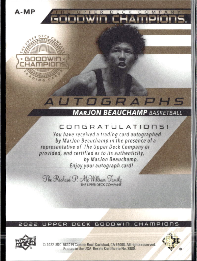 MarJon Beauchamp 2022 Upper Deck Goodwin Champions Auto Autograph