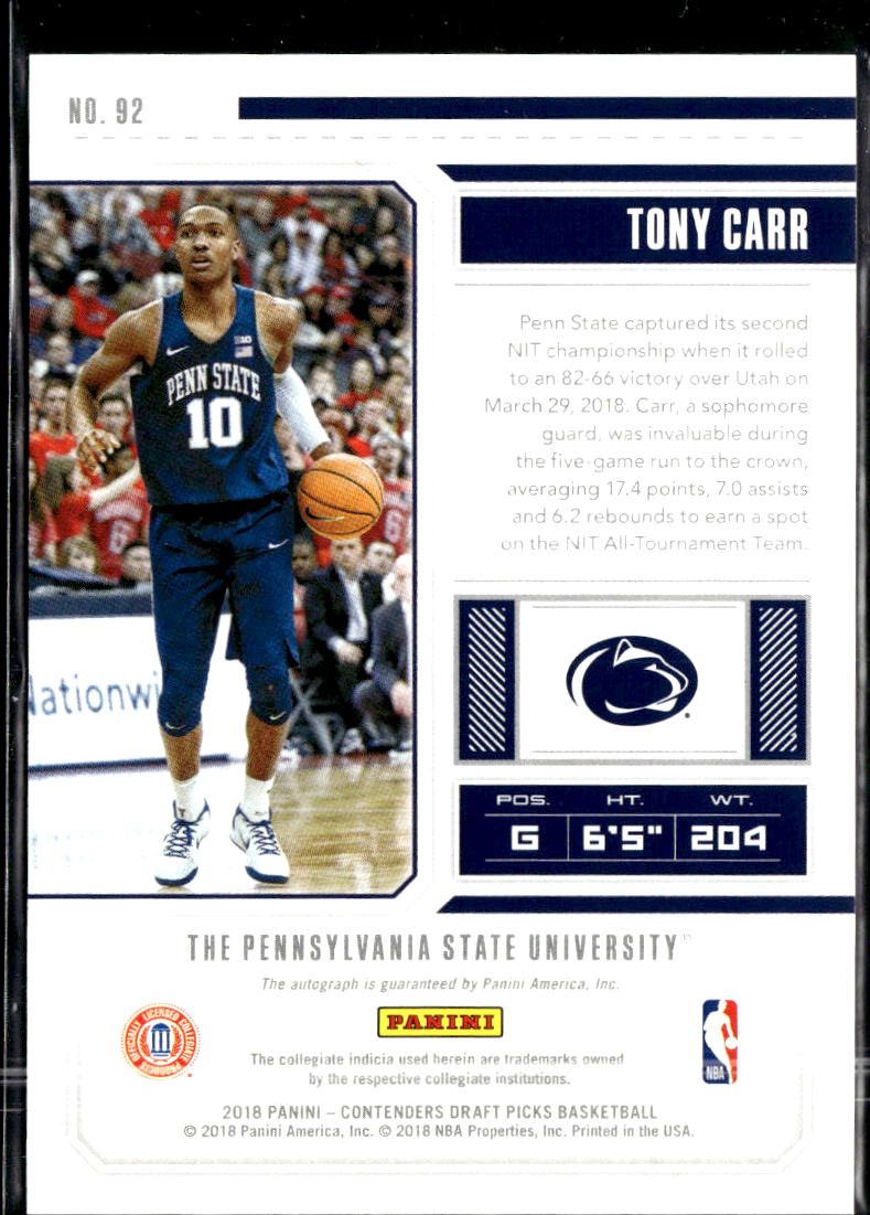 Tony Carr 2018 Contenders Draft Auto Autograph RC Penn State Nittany Lions