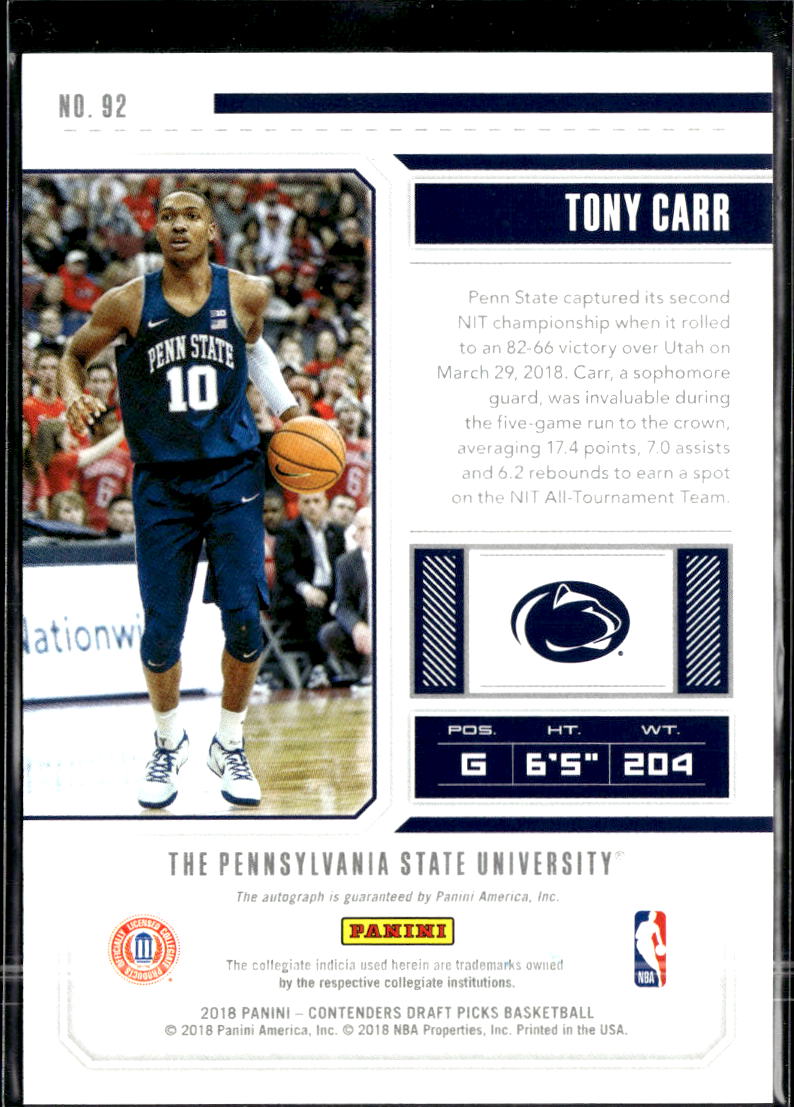 Tony Carr 2018 Contenders Draft Auto Autograph RC Penn State Nittany Lions