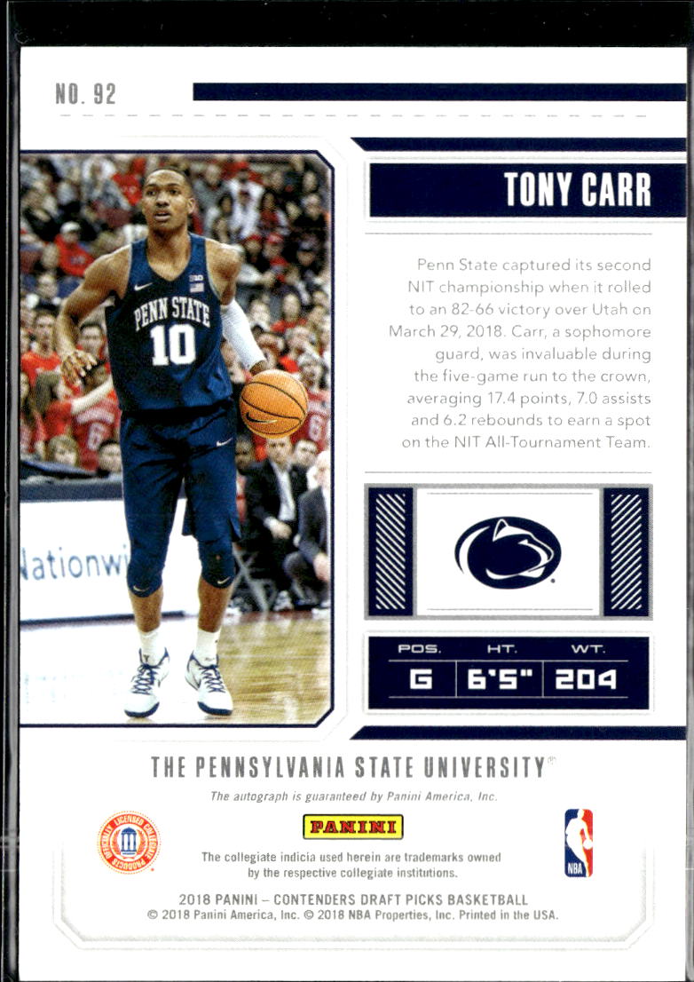 Tony Carr 2018 Contenders Draft Auto Autograph RC Penn State Nittany Lions