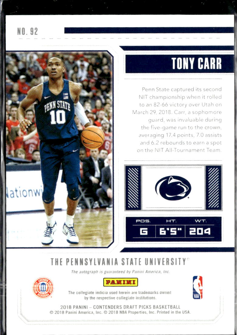 Tony Carr 2018 Contenders Draft Auto Autograph RC Penn State Nittany Lions