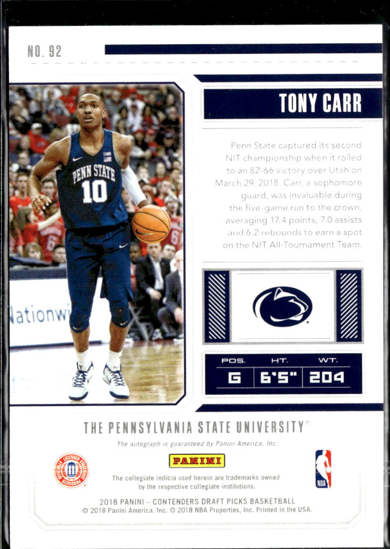 Tony Carr 2018 Contenders Draft Auto Autograph RC Penn State Nittany Lions